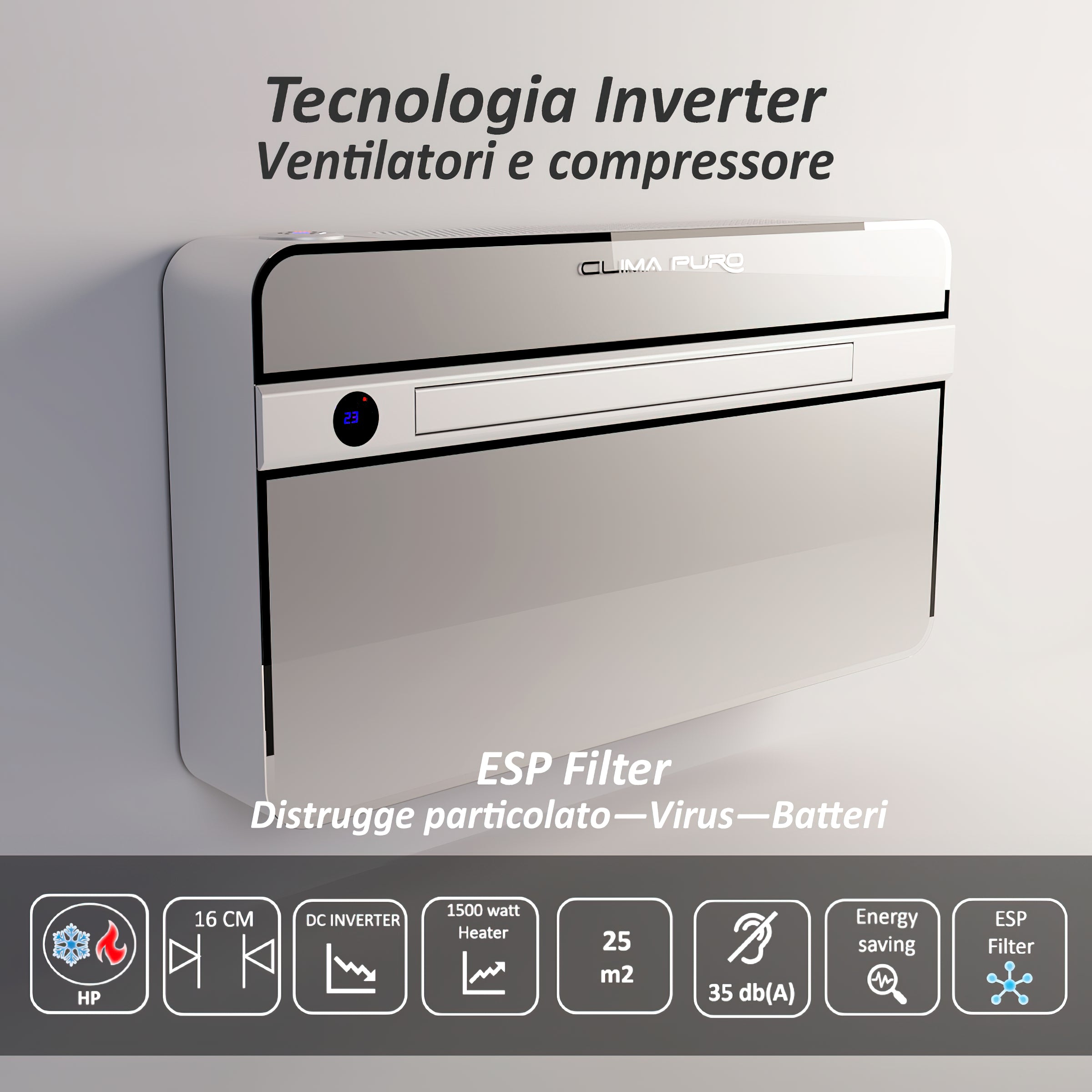 Climatizzatore senza Unità Esterna Climapuro, Ultra sottile, con tecnologia Full DC inverter, 3.8 kW, R32, Purificatore Integrato con Filtro ESP