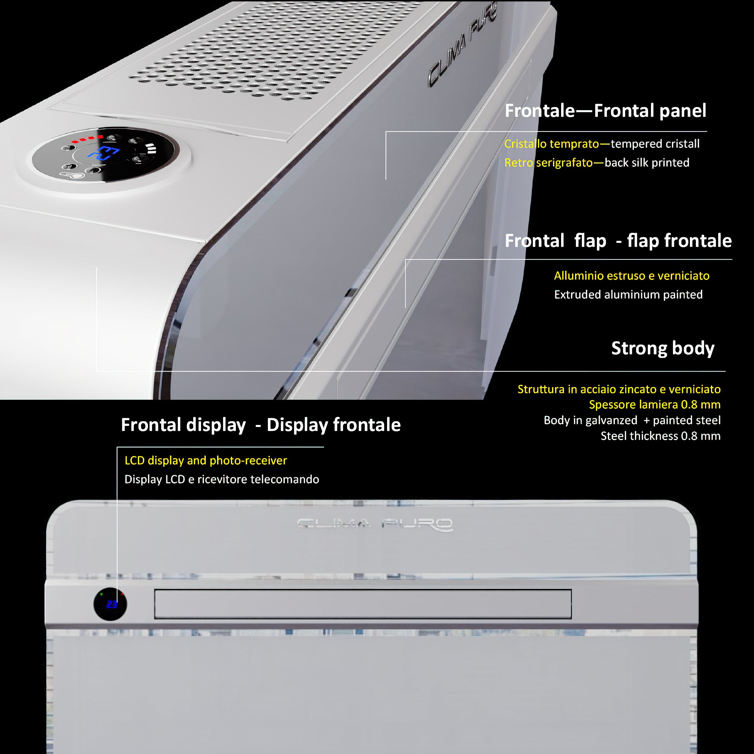 CLIMAPURO è una nuova generazione di climatizzatori senza unità esterna dal design sottile e sistema di purificazione professionale con tecnologia ESP. Questa gamma di prodotti nasce per soddisfare l'esigenza di: Bassa rumorosità - Bassi consumi - Dimensioni compatte - Design moderno, tutte le necessità richieste per l'applicazione domestica. Sono appositamente progettati per l'installazione a parete bassa,