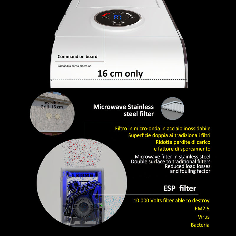 CLIMAPURO è una nuova generazione di climatizzatori senza unità esterna dal design sottile e sistema di purificazione professionale con tecnologia ESP. Questa gamma di prodotti nasce per soddisfare l'esigenza di: Bassa rumorosità - Bassi consumi - Dimensioni compatte - Design moderno, tutte le necessità richieste per l'applicazione domestica. Sono appositamente progettati per l'installazione a parete bassa,