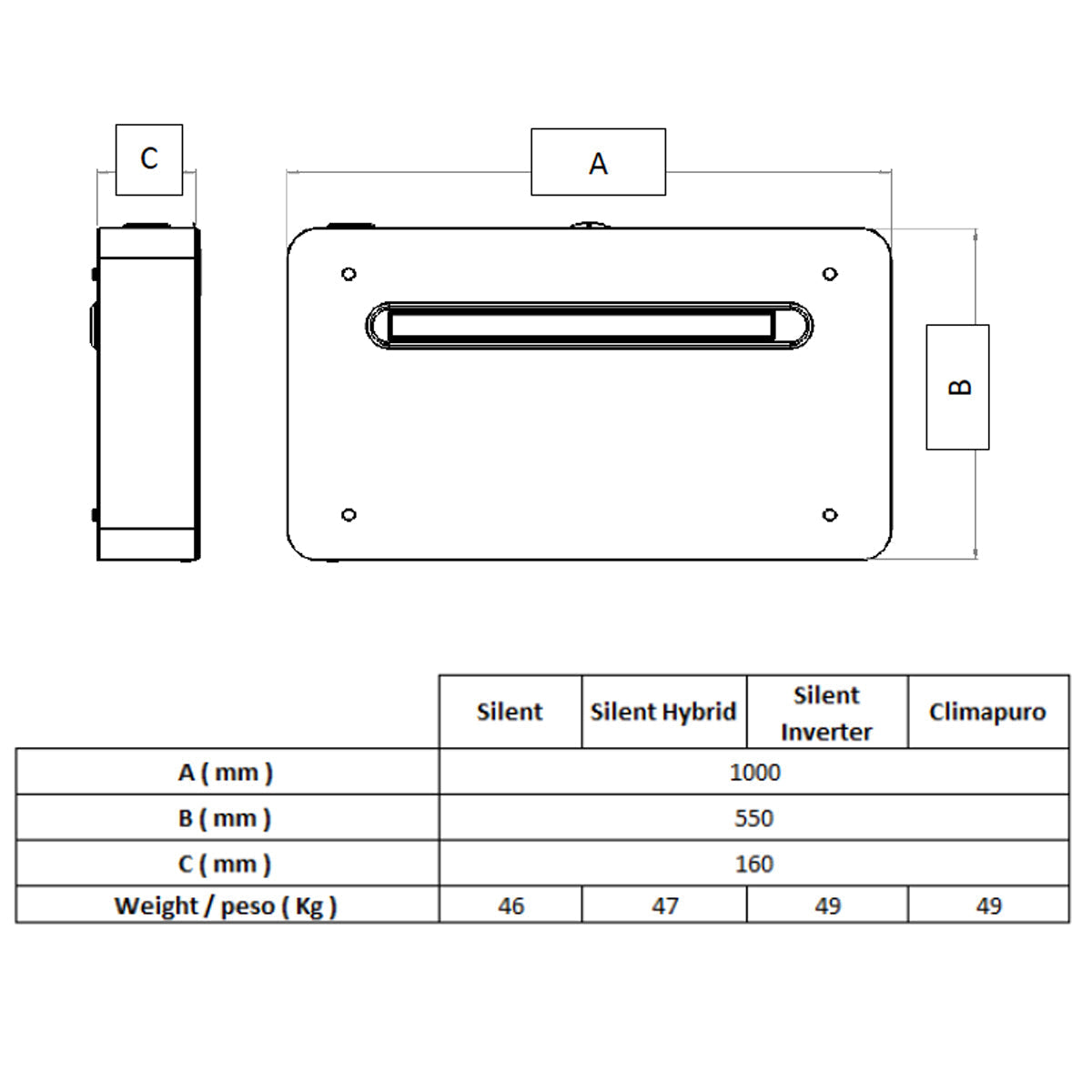 Climatizzatore senza Unità Esterna Climapuro, Ultra sottile, con tecnologia Full DC inverter, 3.8 kW, R32, Purificatore Integrato con Filtro ESP